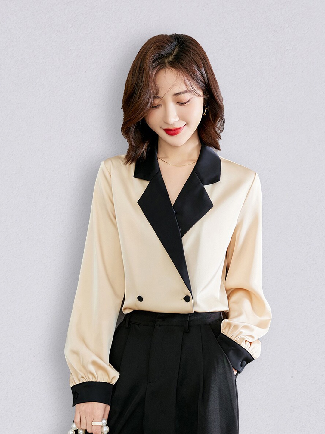 

JC Collection Women Beige & Black Shirt Style Top