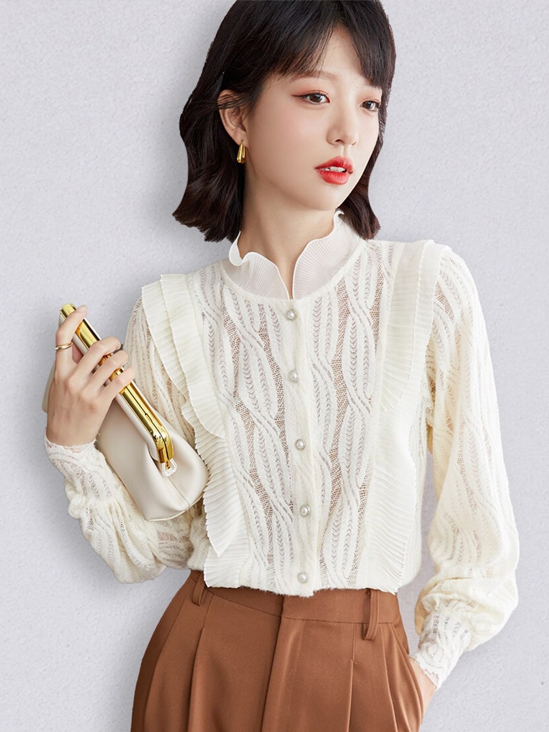 

JC Collection Women Beige Mandarin Collar Top