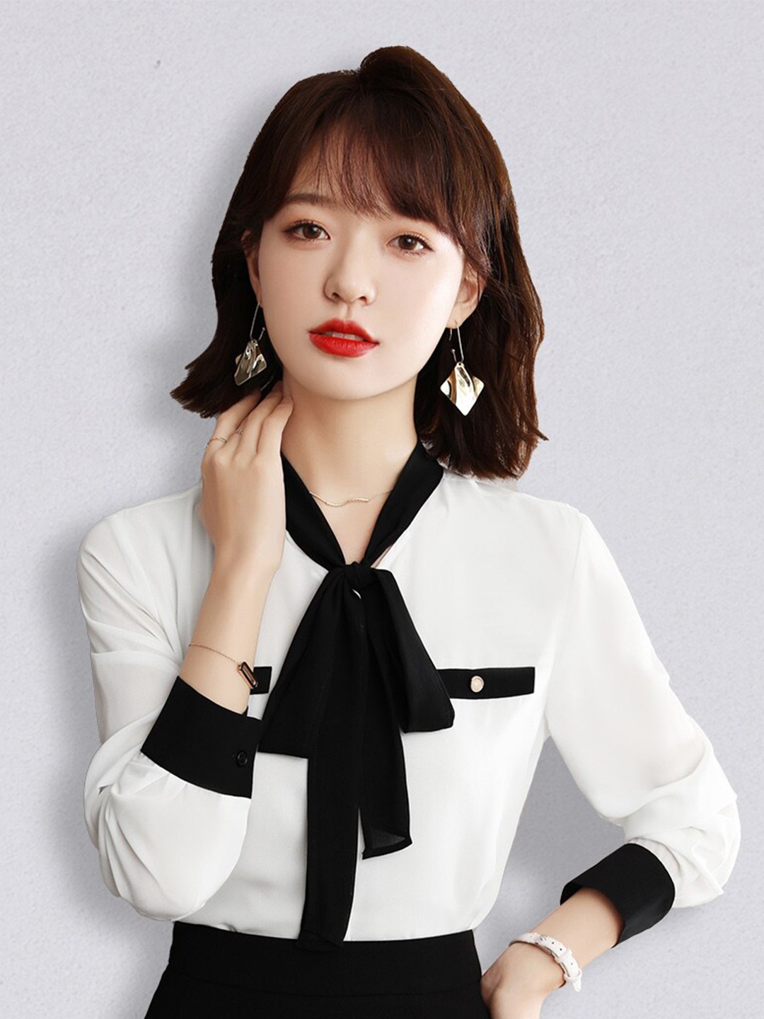 

JC Collection Women White & Black Tie-Up Neck Top