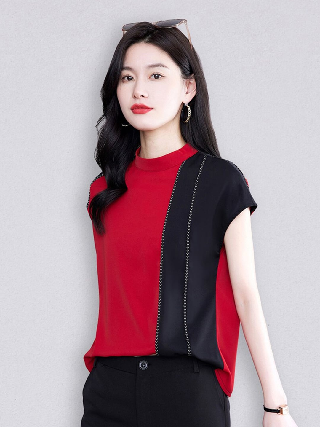 

JC Collection Women Red & Black Colourblocked Top