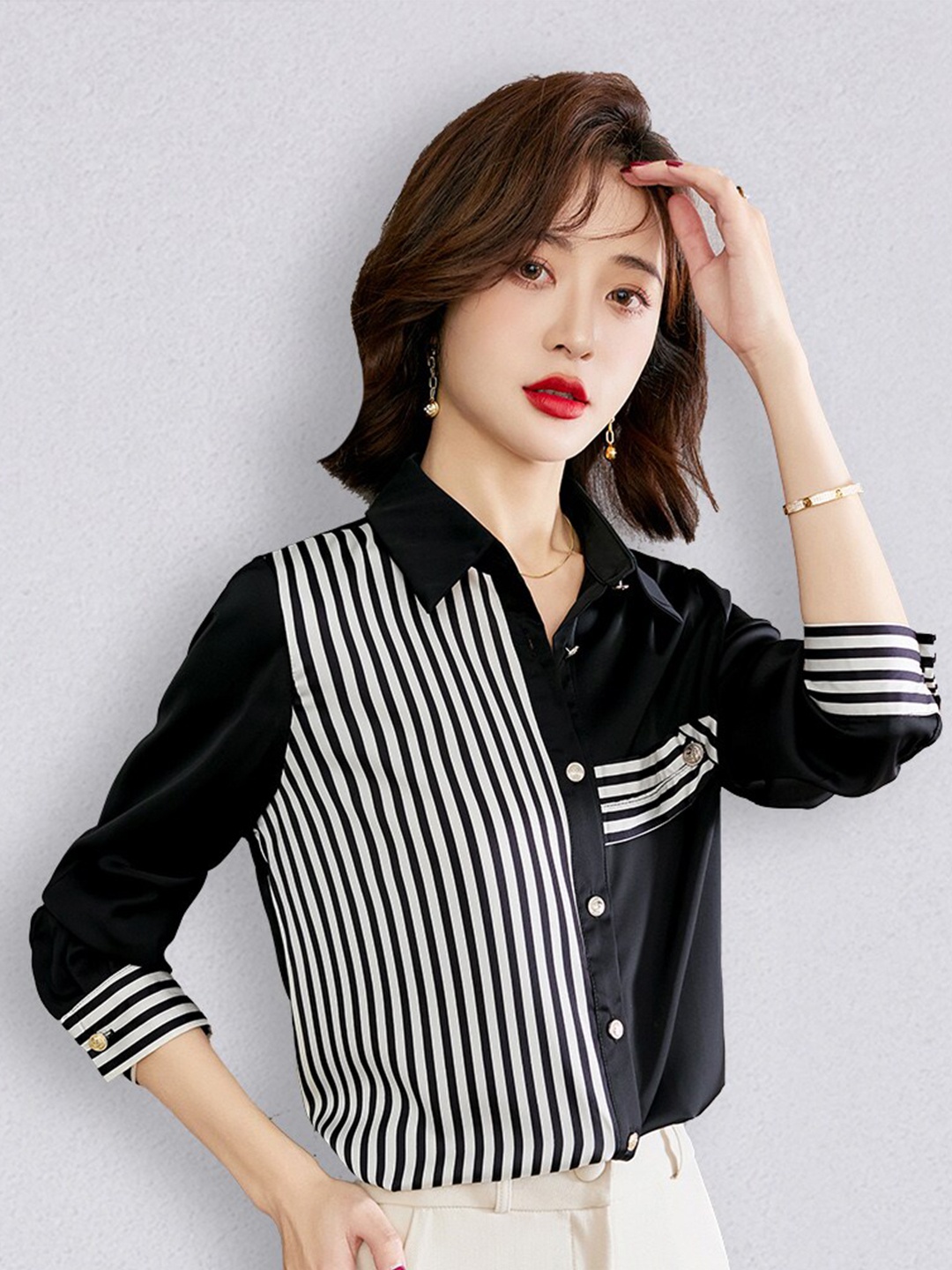 

JC Collection Women Black & White Striped Polyester Casual Shirt