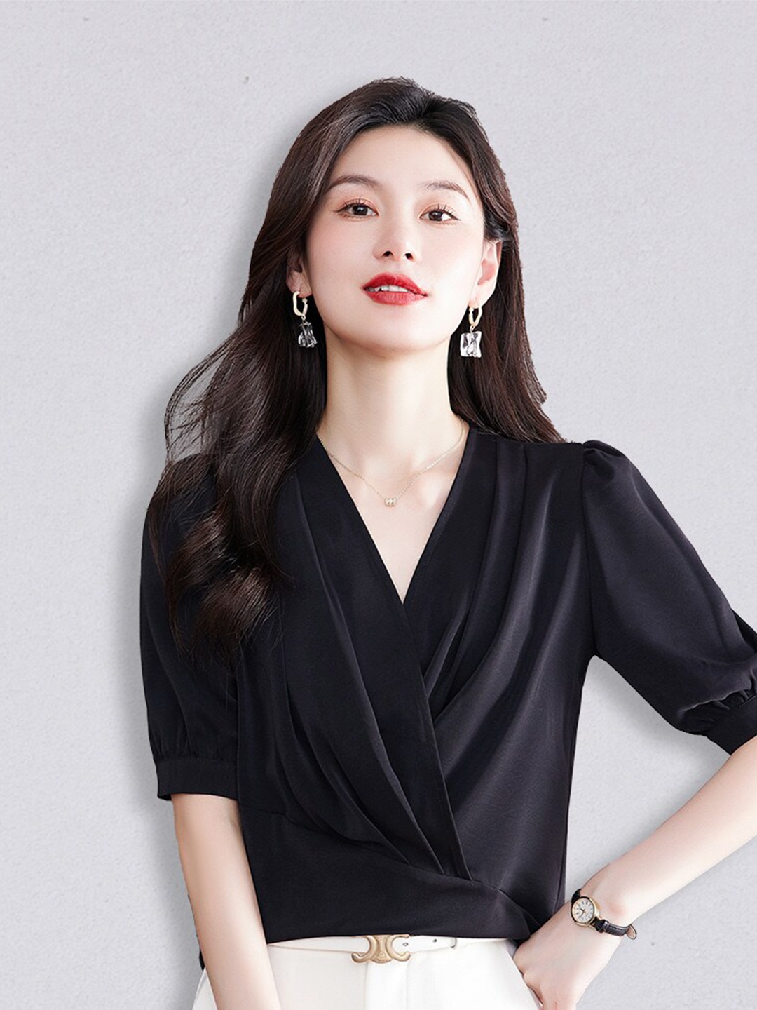 

JC Collection Women Black Solid Polyester Wrap Top