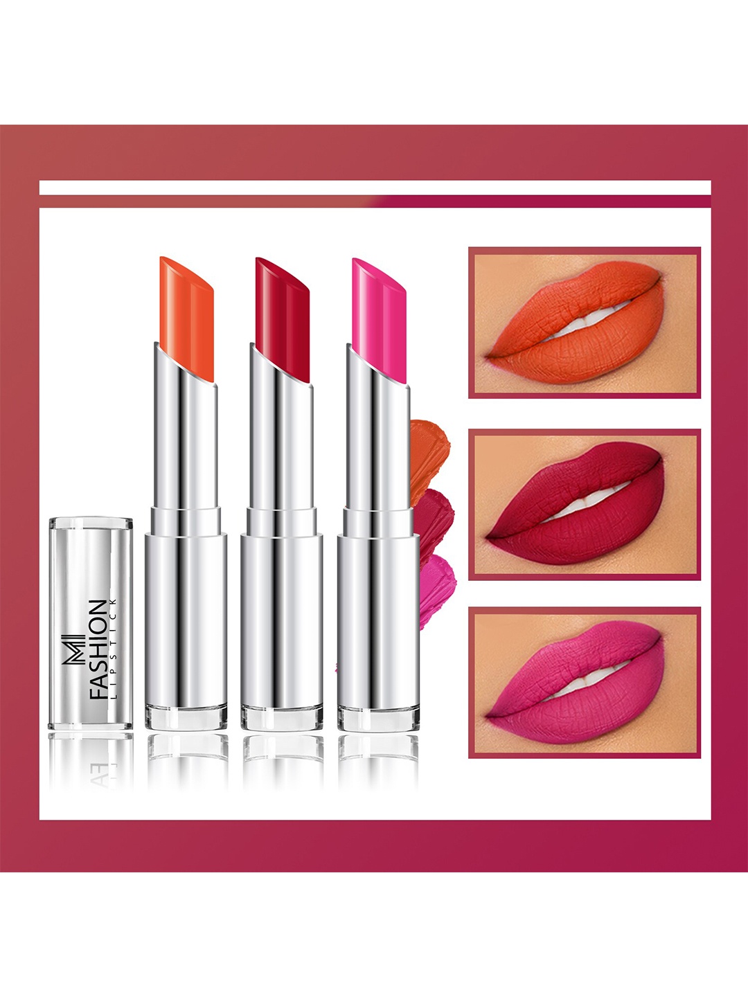 

MI FASHION Set Of 3 Creme Matte Weightless Long-Lasting Lipstick 3.5g each - Orange + Red Wine + Pink