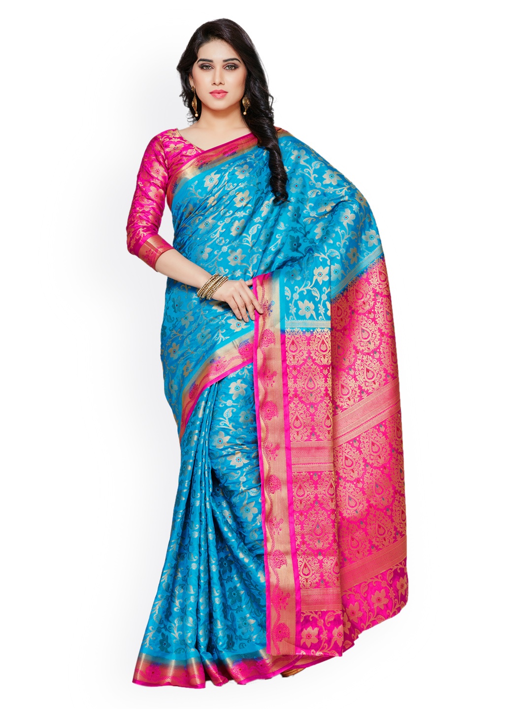 

MIMOSA Turquoise Blue & Pink Art Silk Woven Design Kanjeevaram Saree
