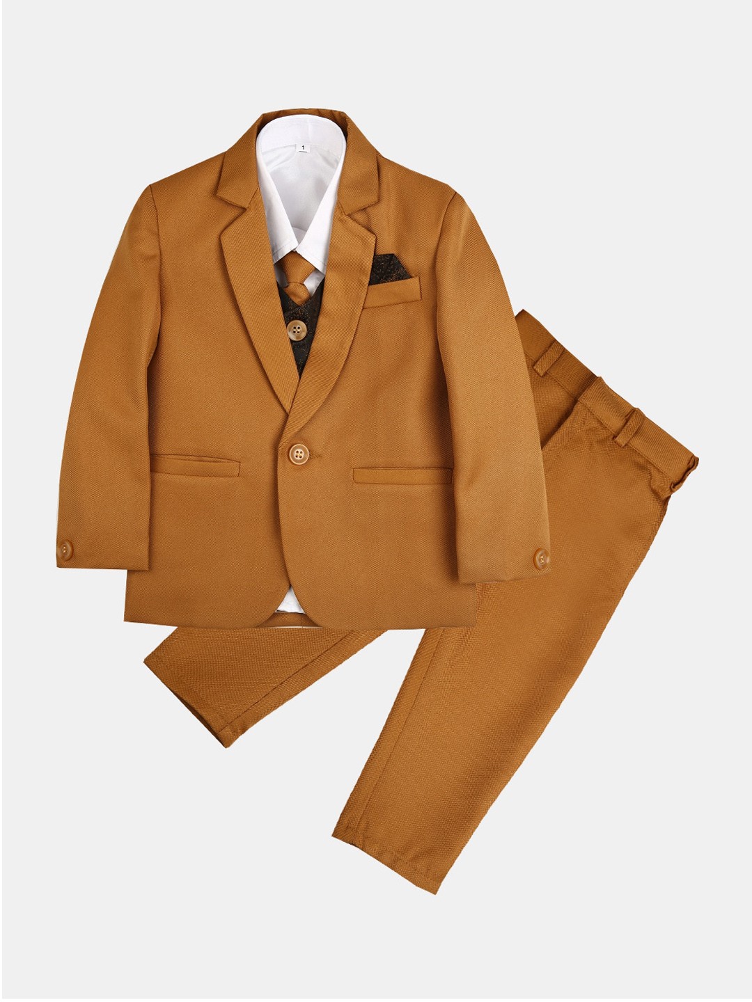 

V-Mart Boys Mustard Yellow & White Solid Single-Breasted 4-Piece Suit