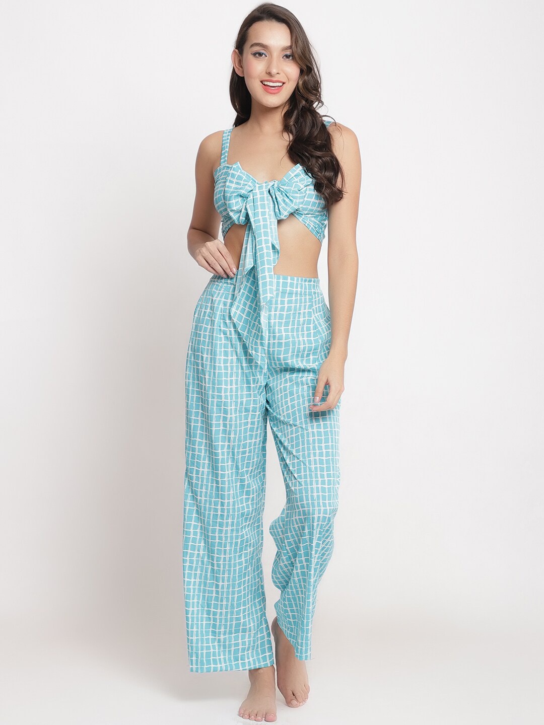 

EROTISSCH Women Blue & White Checked Beachwear Cover Up Set