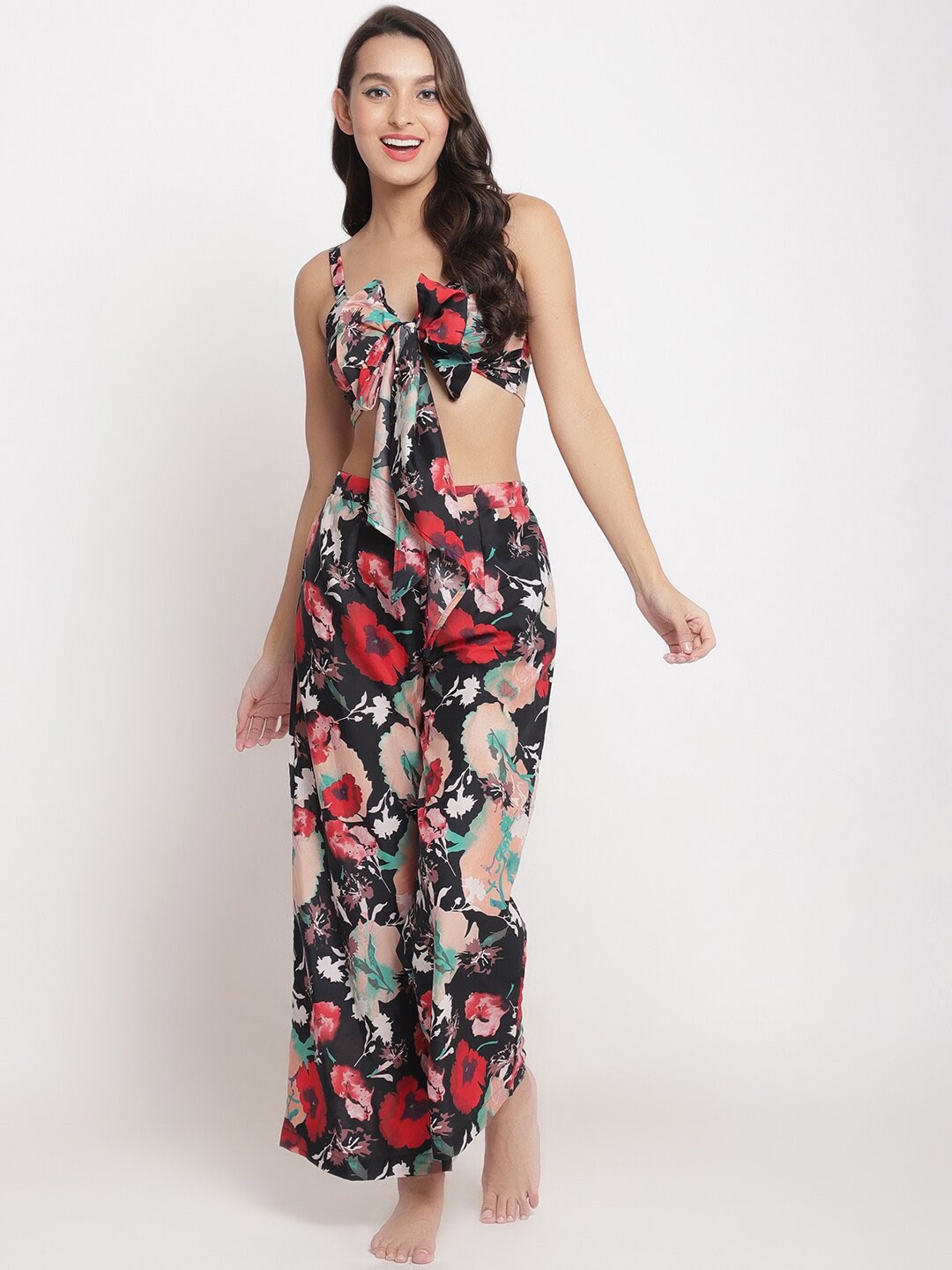 

EROTISSCH Women Black & Red Floral Printed Beachwear Cover Up Set