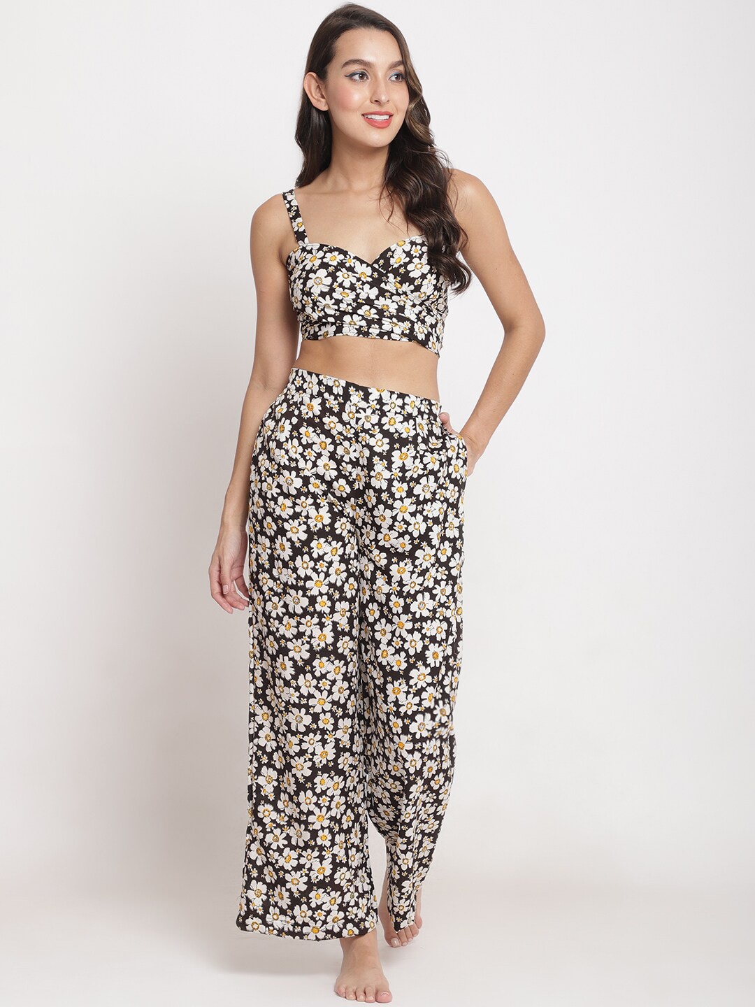 

EROTISSCH Women Brown & Yellow Floral Printed Beachwear Cover Up Set