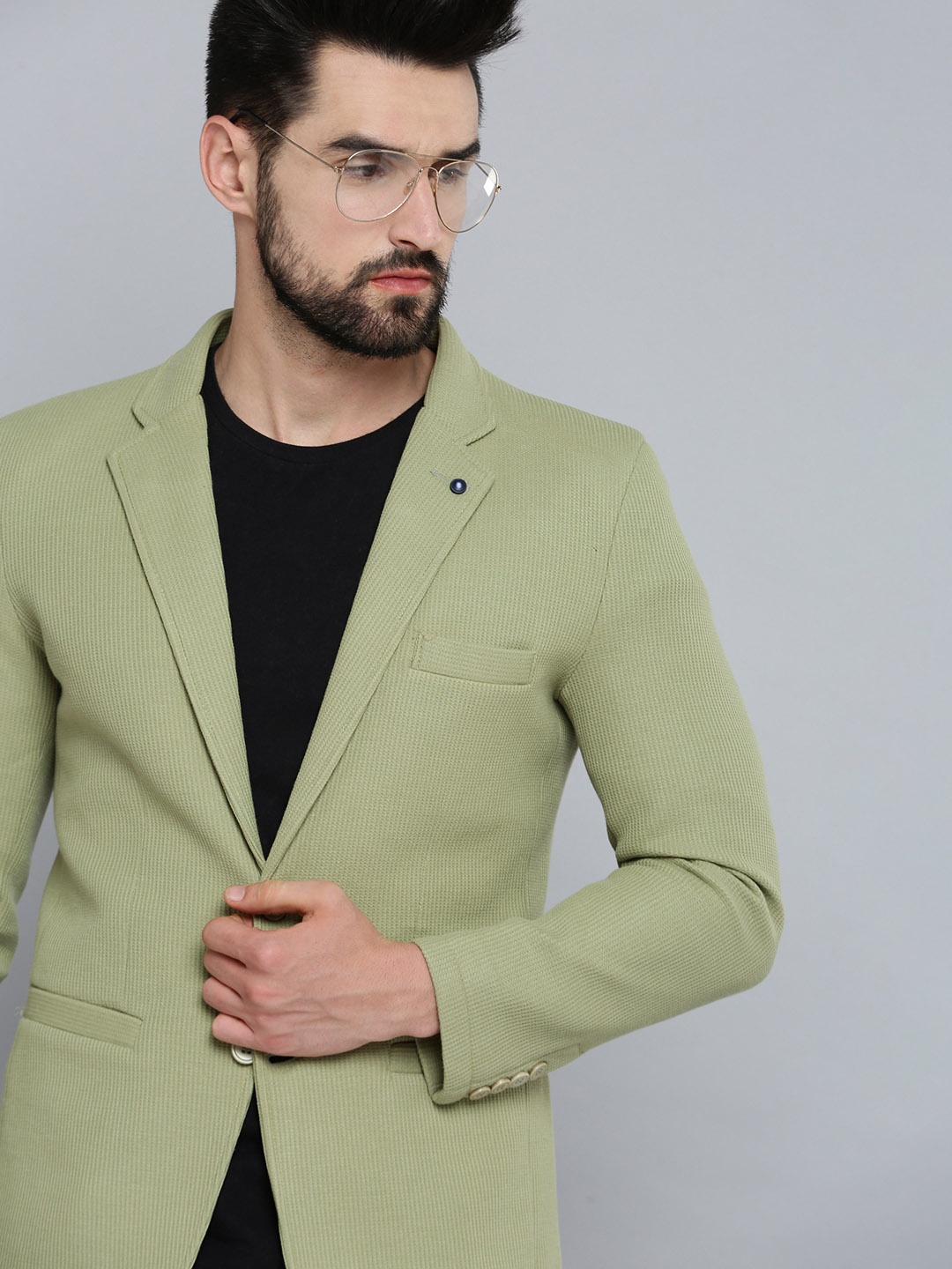 

SHOWOFF Men Olive Green Self Design Single-Breasted Regular-Fit Blazer