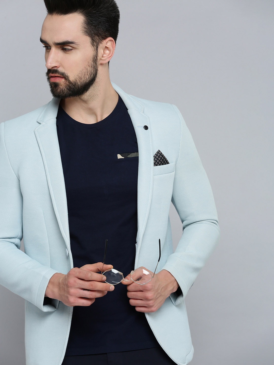

SHOWOFF Men Blue Self Design Single-Breasted Slim-Fit Blazer