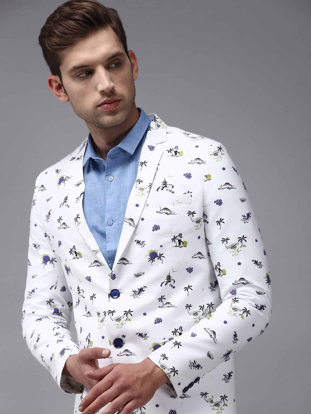 

SHOWOFF Men White & Green Printed Single-Breasted Blazer