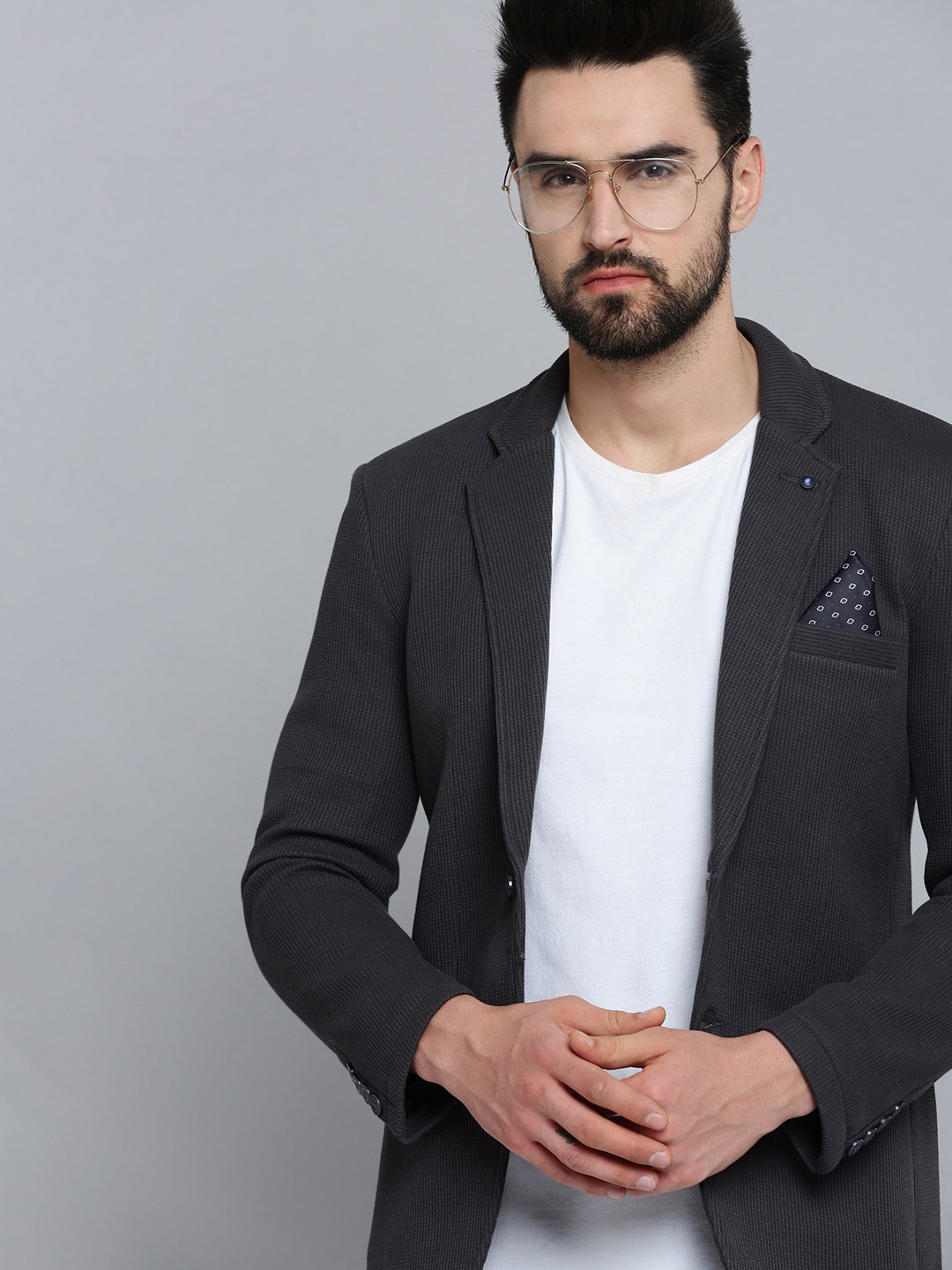 

SHOWOFF Men Grey Melange Self-Design Single-Breasted Blazer