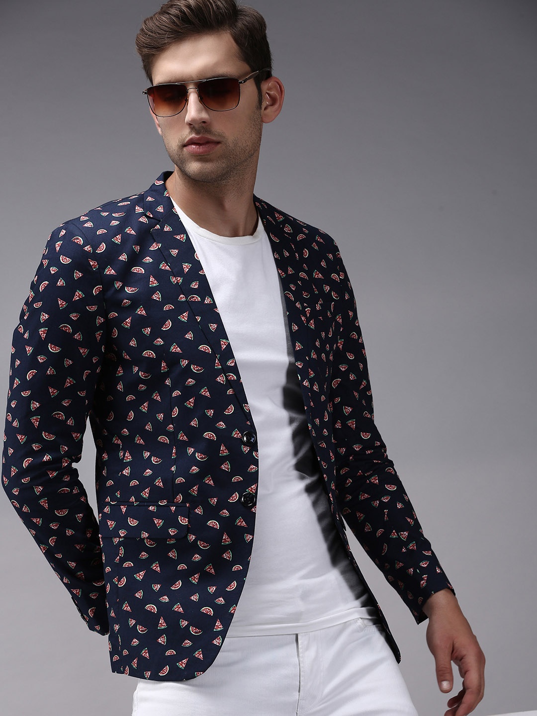 

SHOWOFF Men Navy Blue & Pink Printed Single-Breasted Blazer