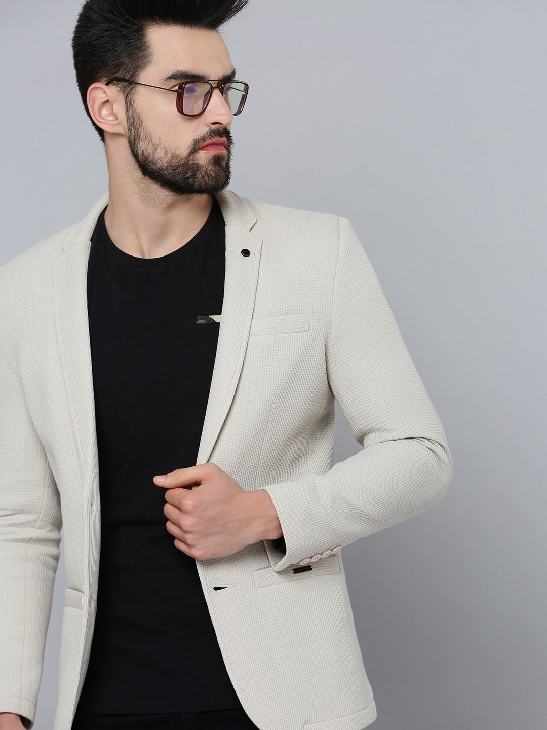 

SHOWOFF Men Grey Self Design Single-Breasted Blazer
