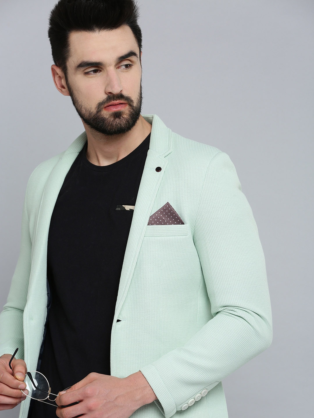 

SHOWOFF Men Sea Green Self Design Single-Breasted Casual Blazers