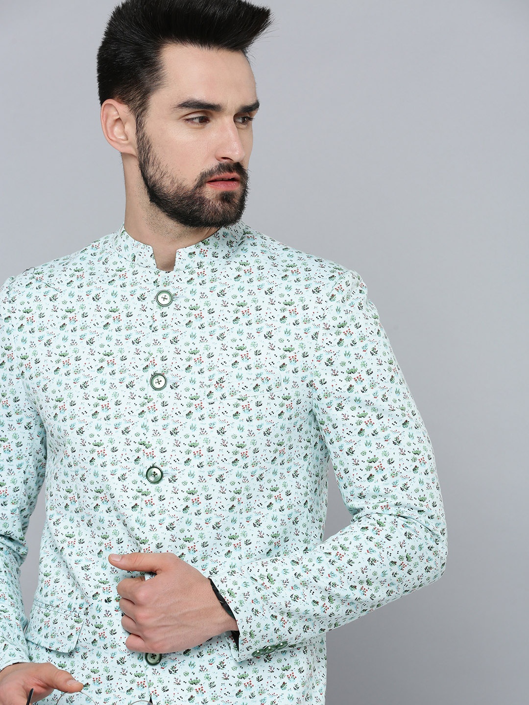 

SHOWOFF Men Sea Green Printed Bandgala Blazer