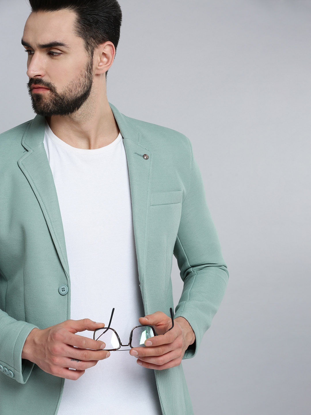 

SHOWOFF Men Green Self-Design Single-Breasted Blazer