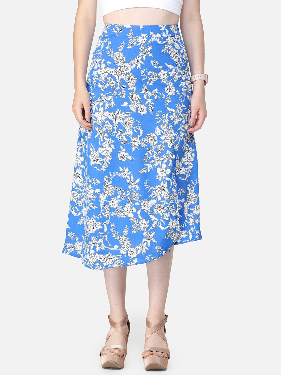 

SCORPIUS Women Blue Floral Printed Midi A-Line Skirt