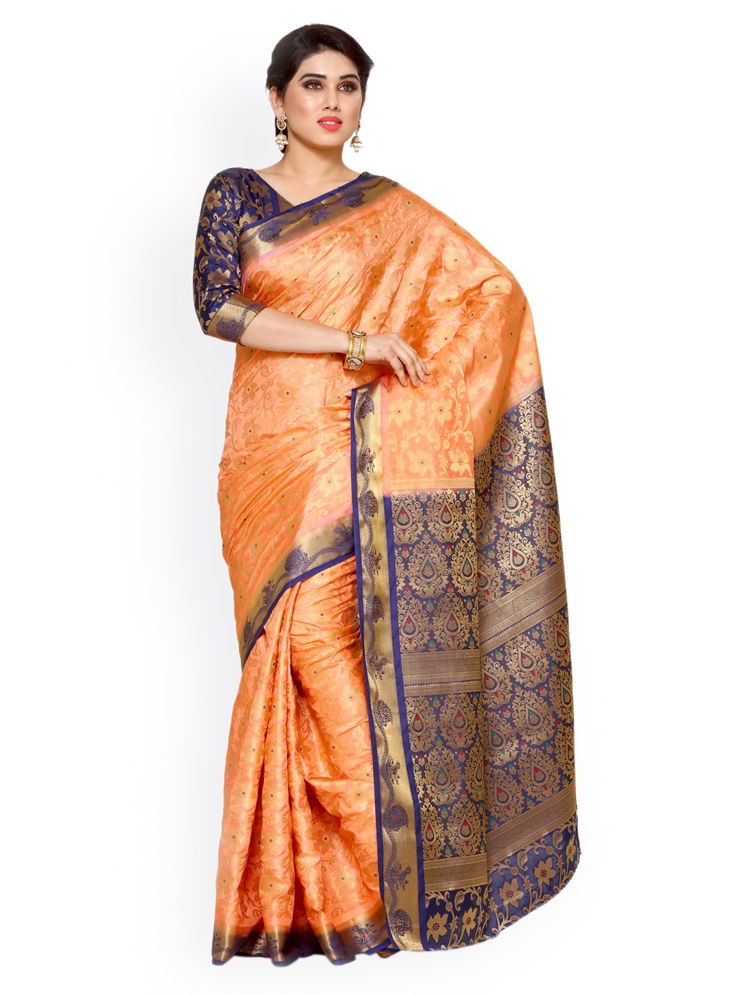 

MIMOSA Orange & Blue Art Silk Woven Design Kanjeevaram Saree