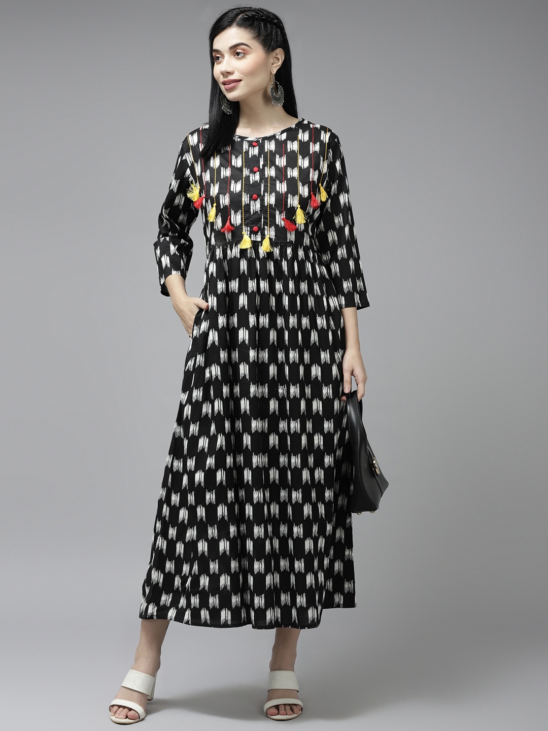 

Amirah s Women Black & Off White Printed A-Line Ethnic Midi Dress