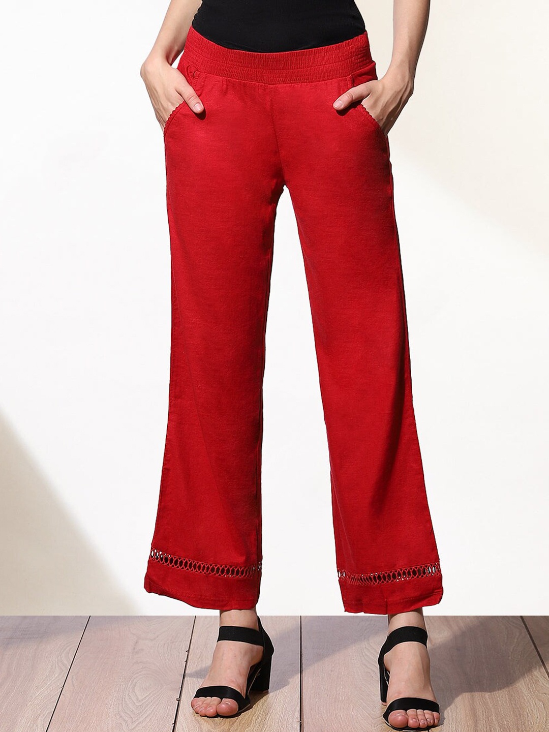 

Lakshita Women Relaxed Fit Straight Leg Corduroy Casual Cotton Trousers, Red