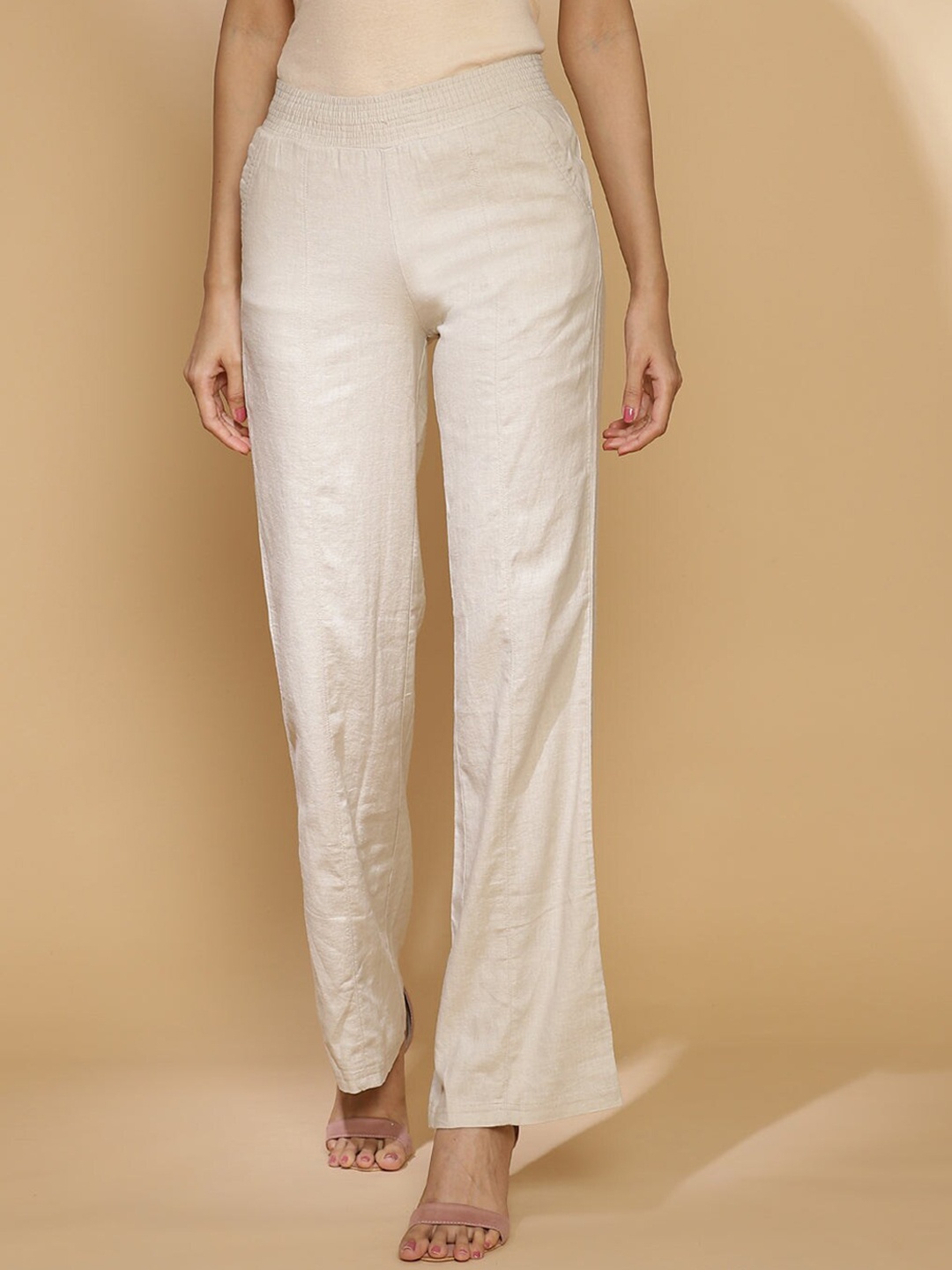 

Lakshita Women Beige Relaxed Straight Leg Loose Fit Corduroy Trousers