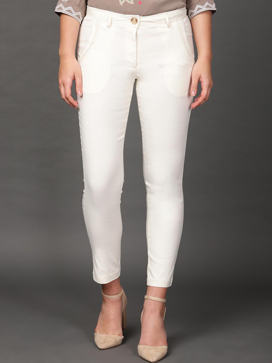 

Lakshita Women Off White Comfort Skinny Fit Corduroy Trousers