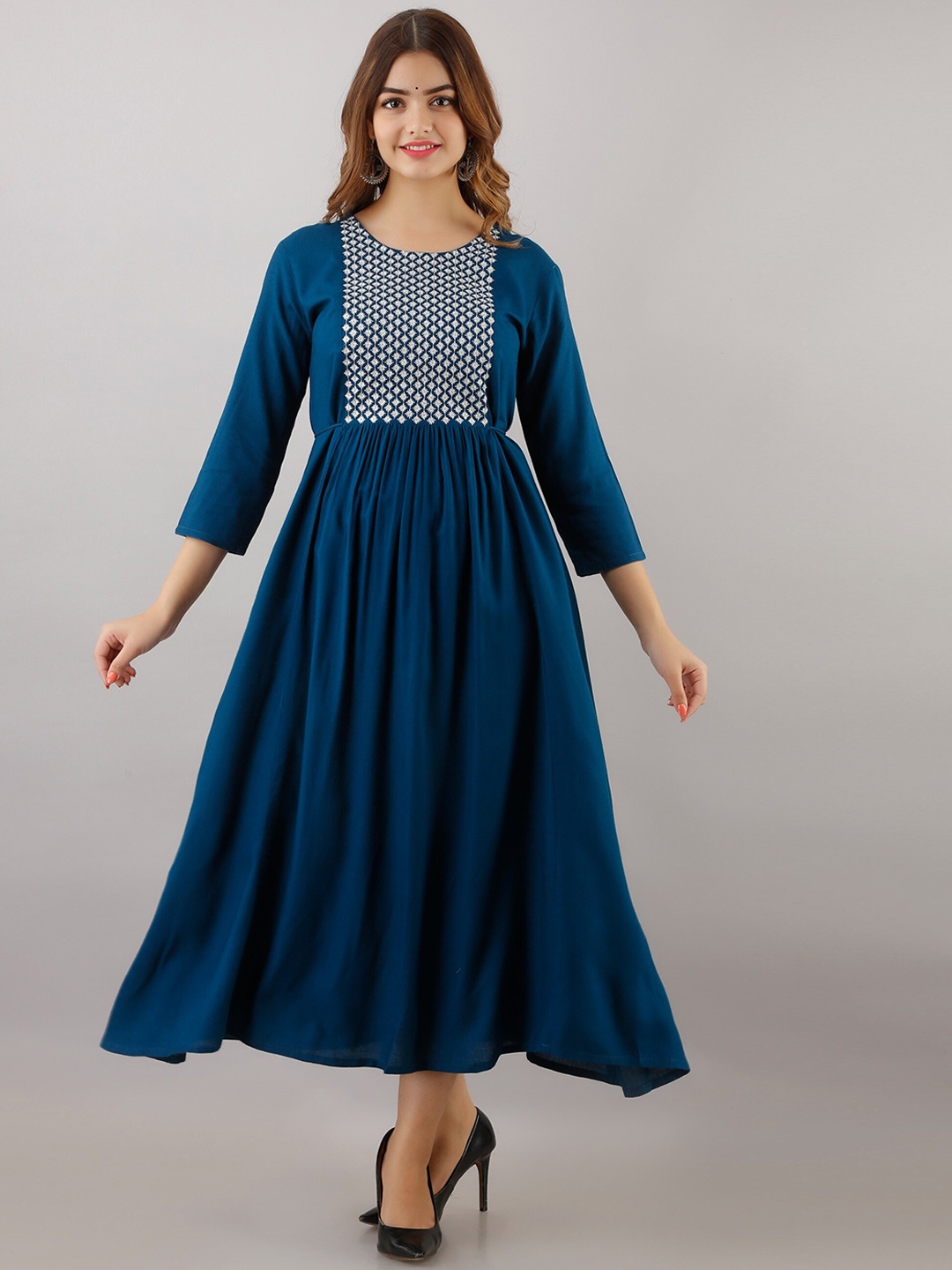 

Women Touch Floral Embroidered Thread Work Anarkali Pleated Kurta, Blue