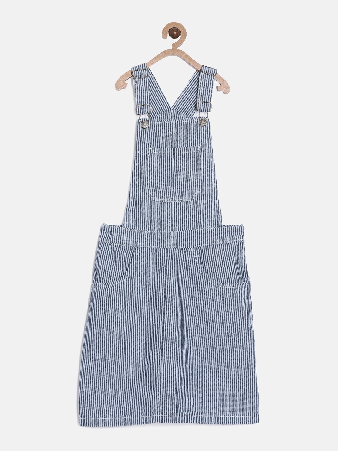 

Kryptic White & Blue Striped Denim Pure Cotton Pinafore Dress