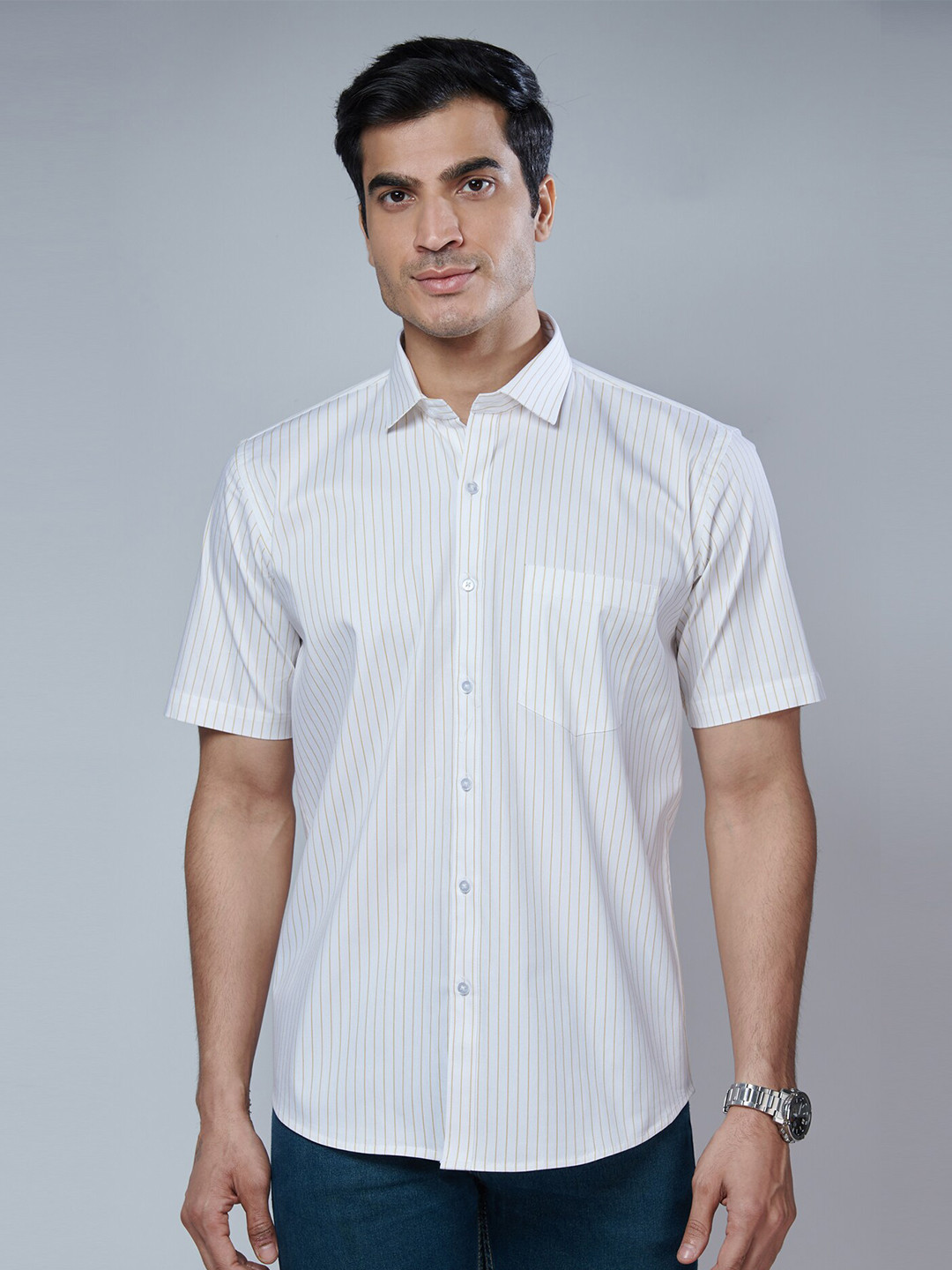 

MARK & ALBERT Men Yellow And White Classic Slim Fit Striped Formal Shirt