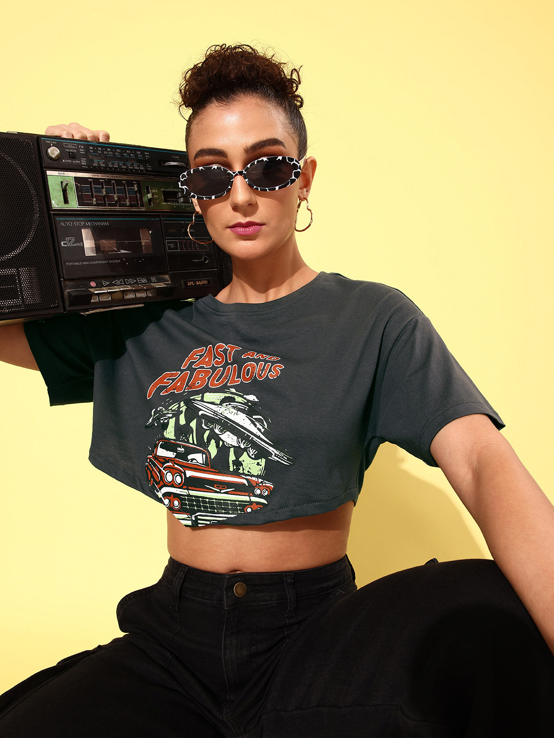 

Dressberry Thunder Grey Graphic High Printed Pure Cotton Boxy Crop T-shirt