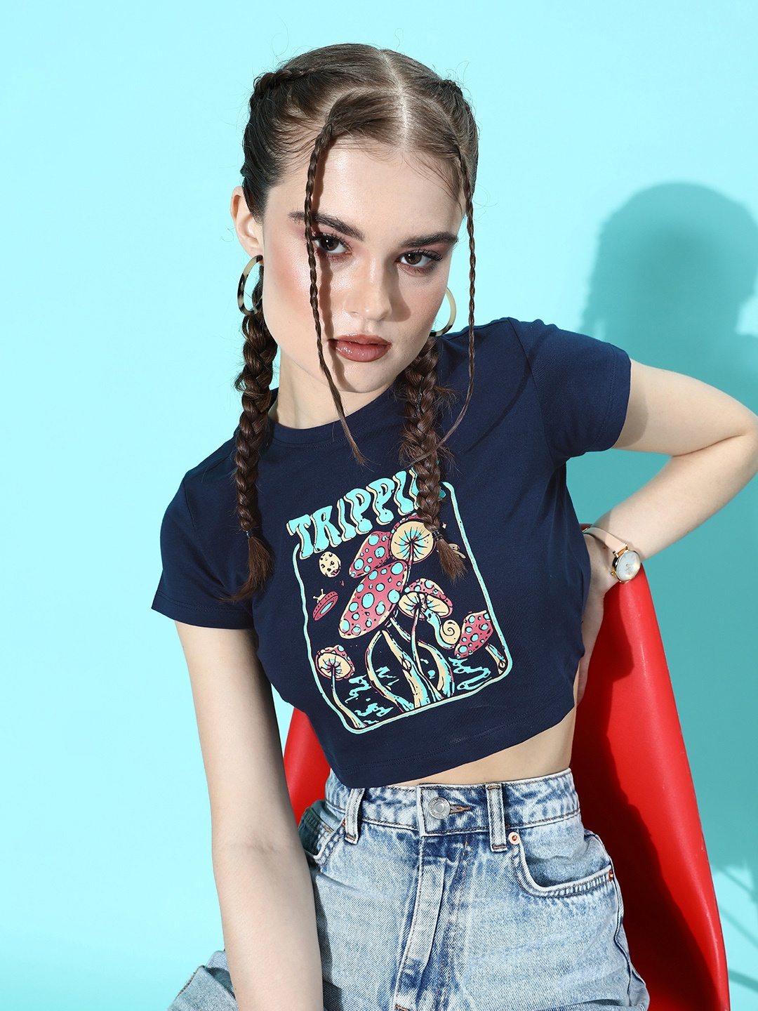

DressBerry Navy Blue Printed Pure Cotton Hollaback Neck It Is Crop T-shirt
