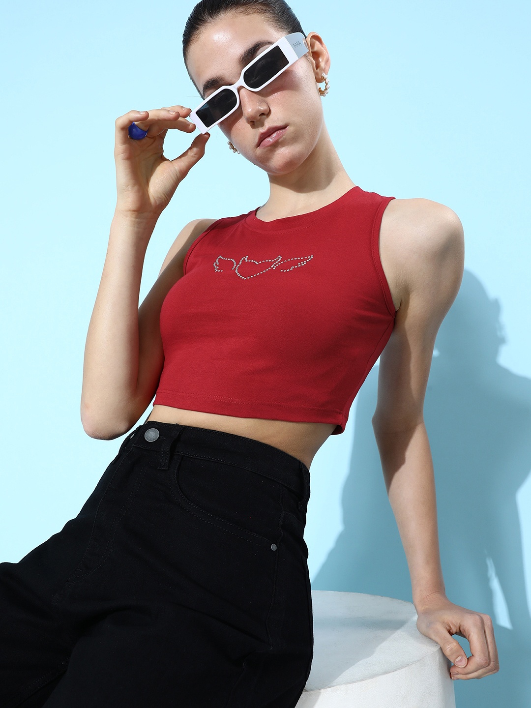 

Dressberry Embellished Pure Cotton Cropped T-shirt, Red