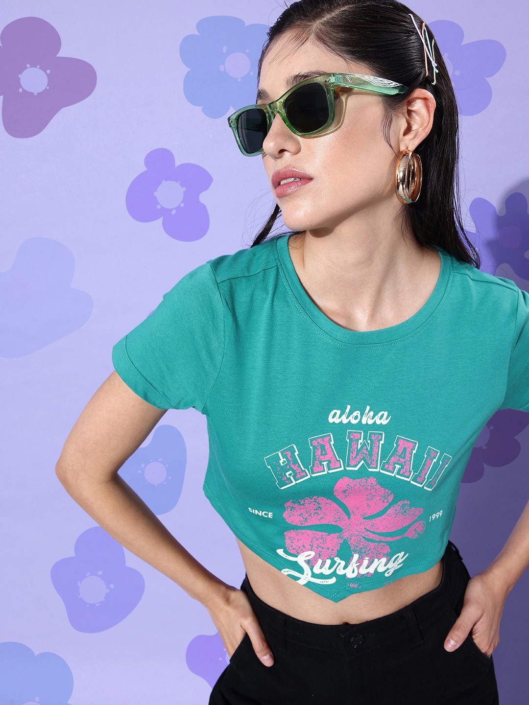 Dressberry Women Typography Print Knitted Pure Cotton Crop T-shirt, Green