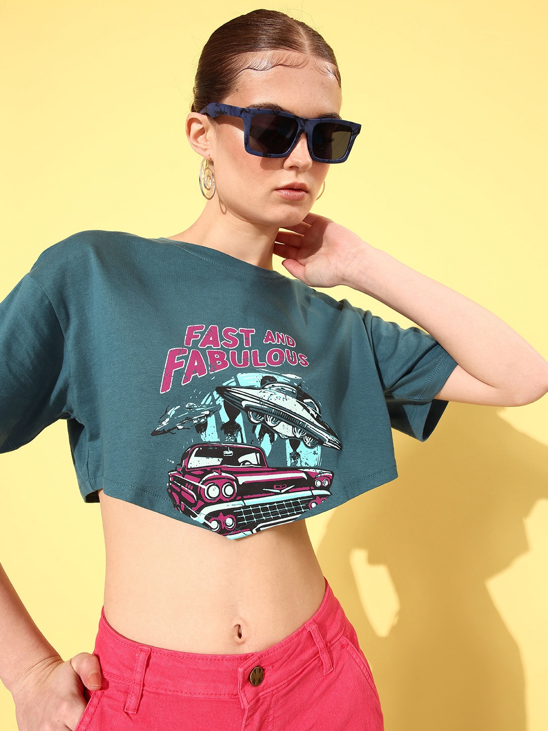 

Dressberry Teal Green Graphic High Printed Pure Cotton Boxy T-shirt