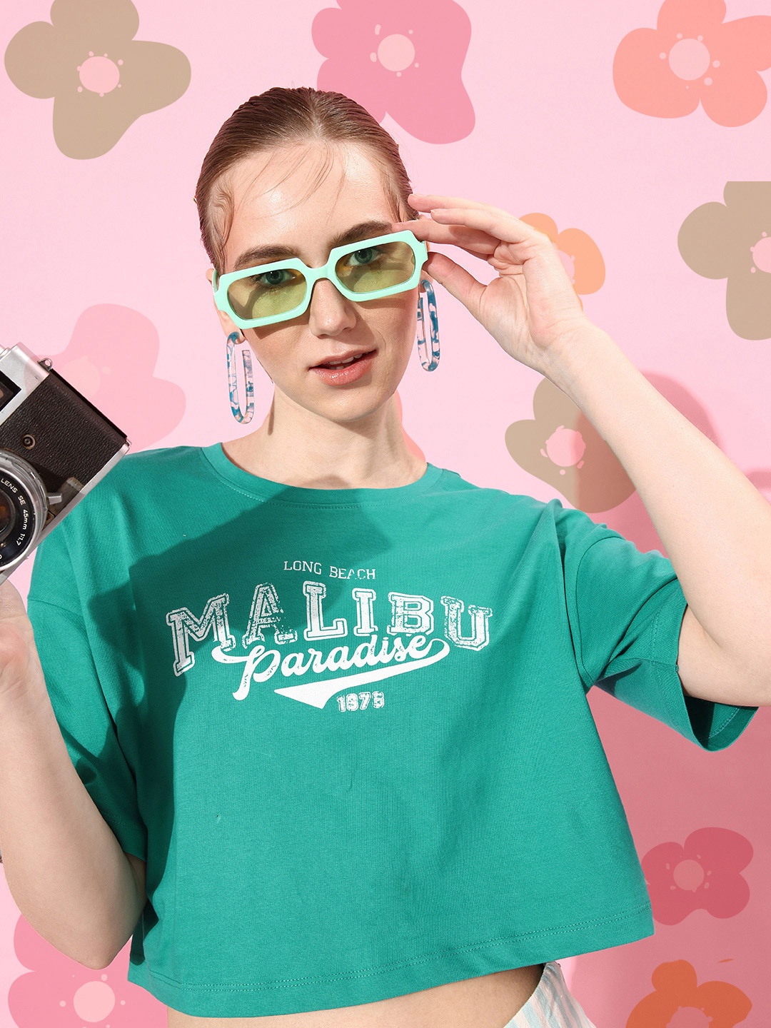 

Dressberry Earthy Green Graphic High Drop-Shoulder Sleeves Cotton Boxy T-shirt