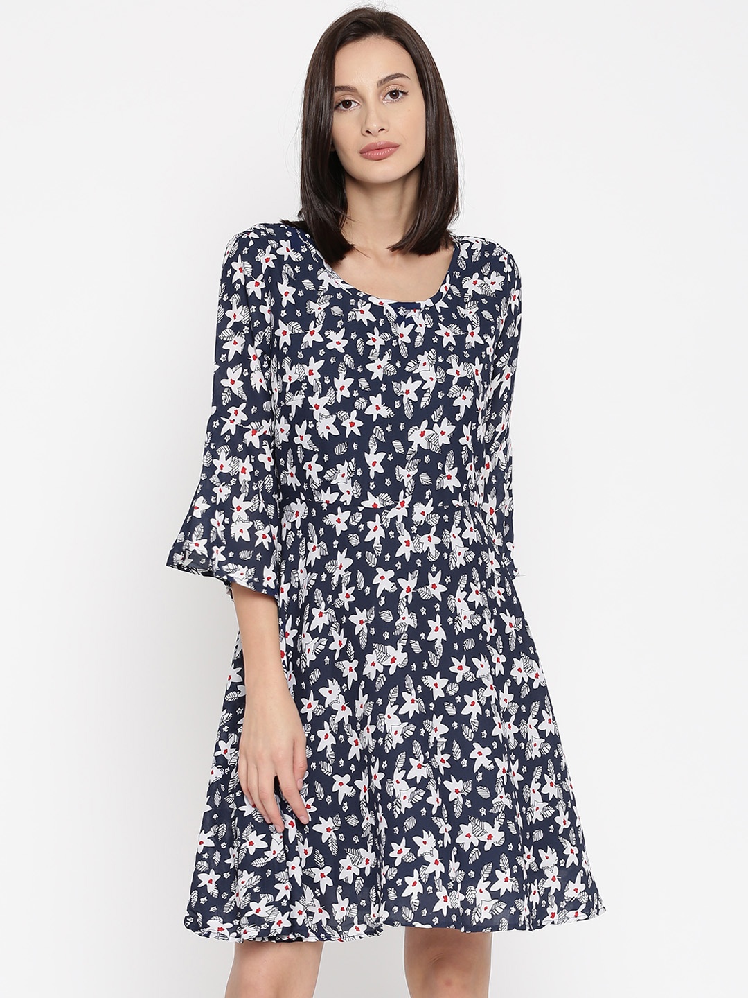 

Honey by Pantaloons Women Navy Blue & White Floral Print Fit and Flare Dress