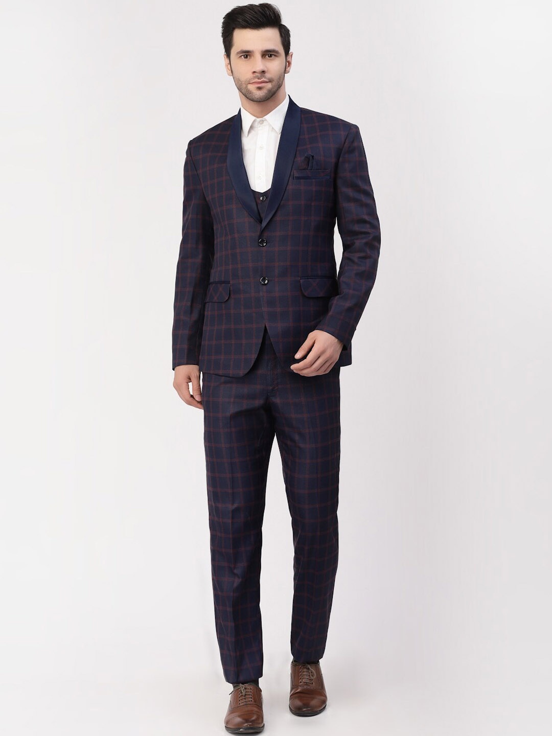 

KLOTTHE Men Navy Blue Checked Single-Breasted 3-Piece Suits