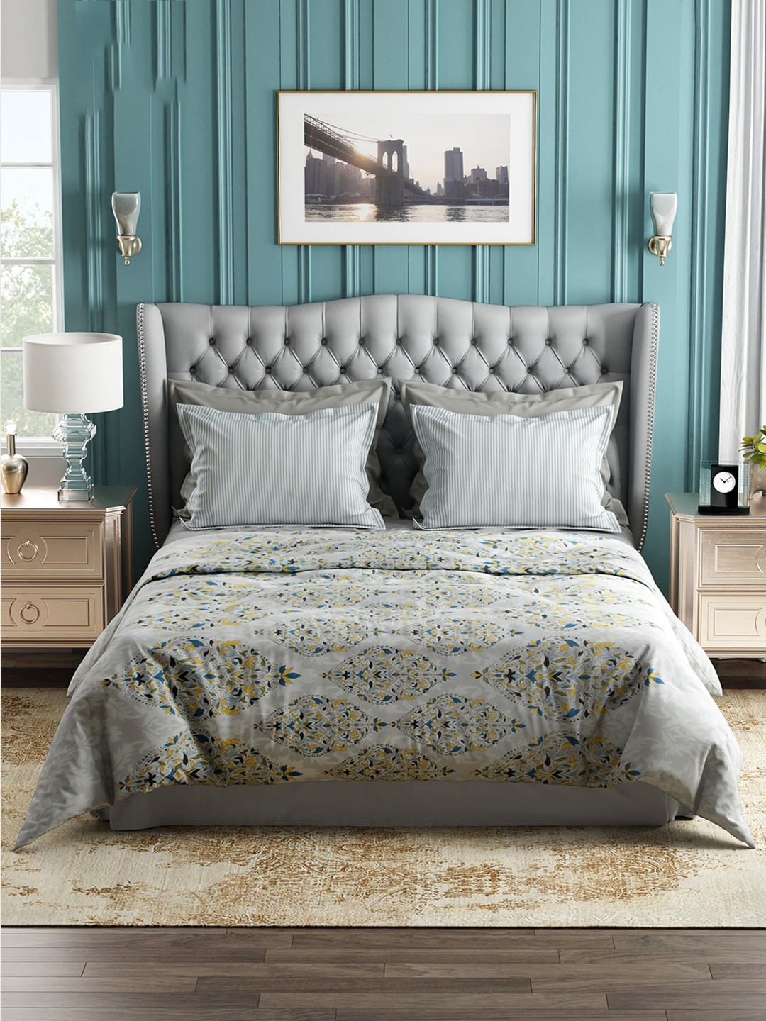 

Story@home Grey & Yellow Floral 144 TC Cotton Queen Bedsheet with 2 Pillow Covers
