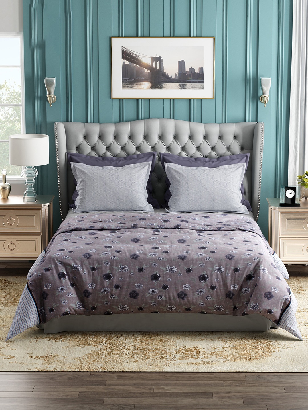 

Story@home Brown & Grey Floral 144 TC Cotton Queen Bedsheet with 2 Pillow Covers