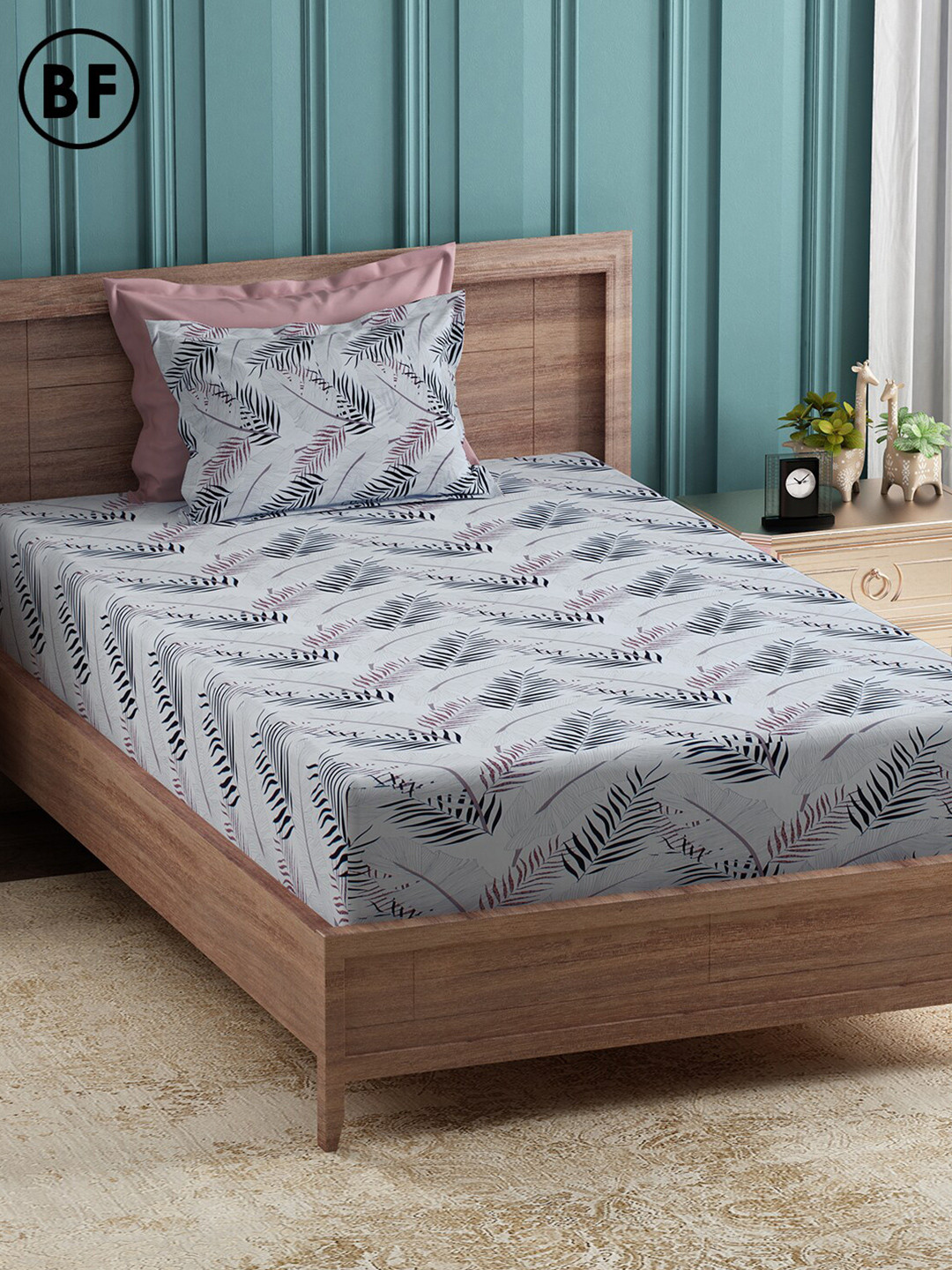 

Story@home Grey & Blue Conversational 144 TC Cotton 2 Single Bedsheet with 2 Pillow Covers