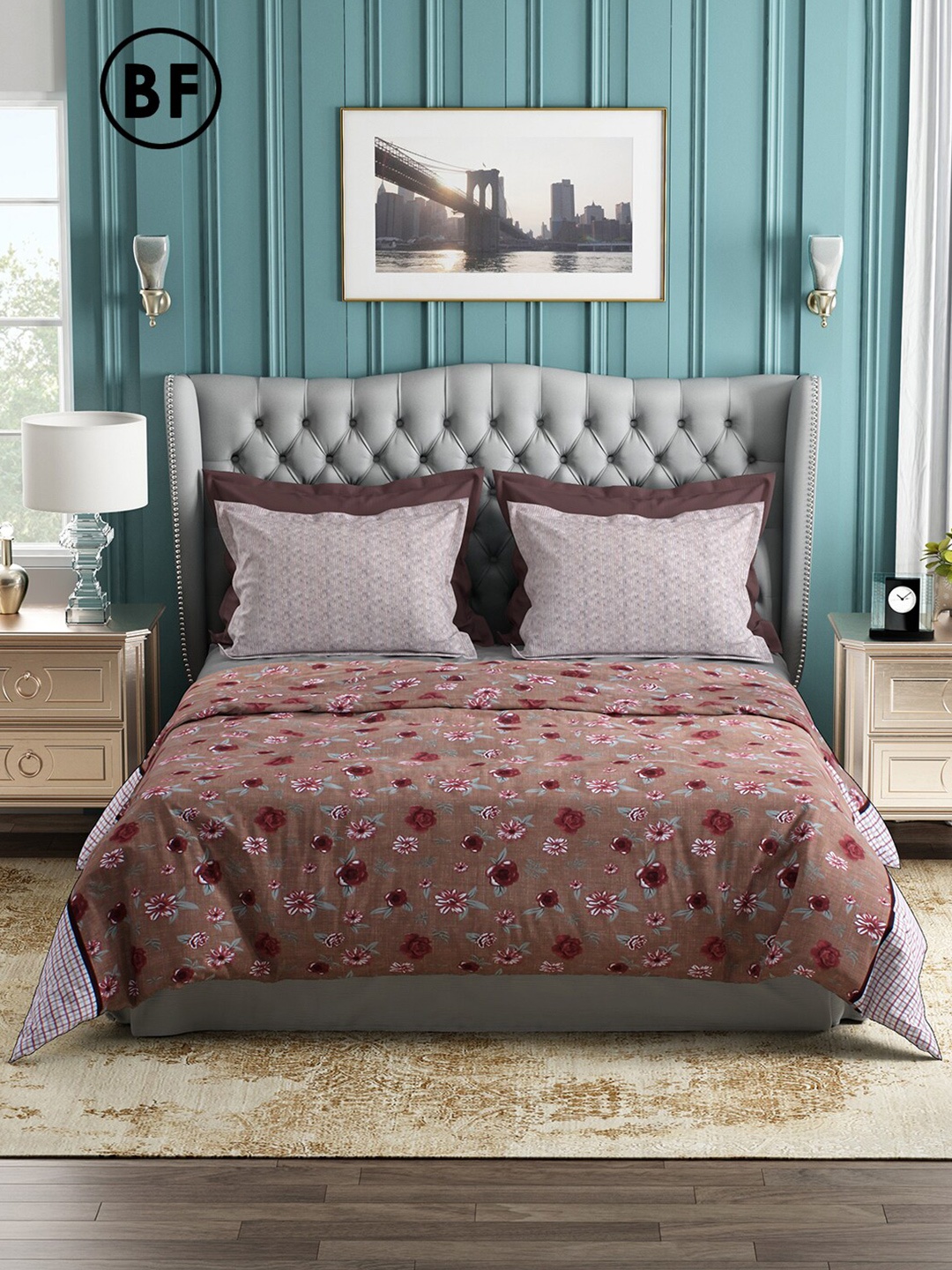 

Story@home Brown & Burgundy Floral 144 TC Cotton Queen Bedsheet with 2 Pillow Covers, Coffee brown