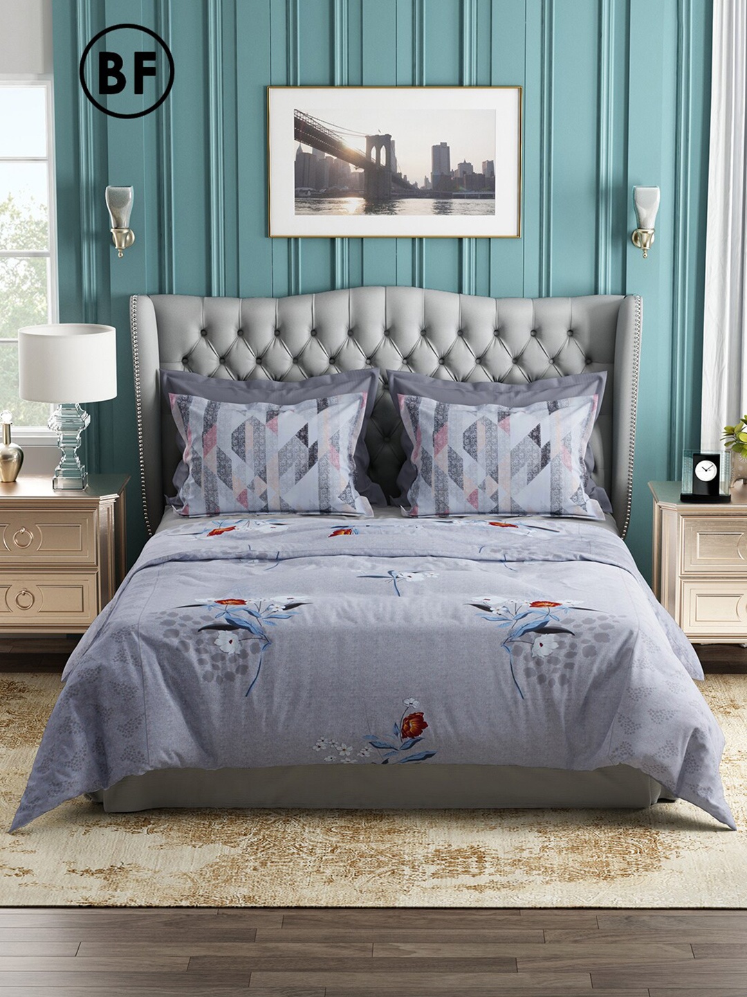 

Story@home Grey & Blue Floral 144 TC Cotton Queen Bedsheet with 2 Pillow Covers