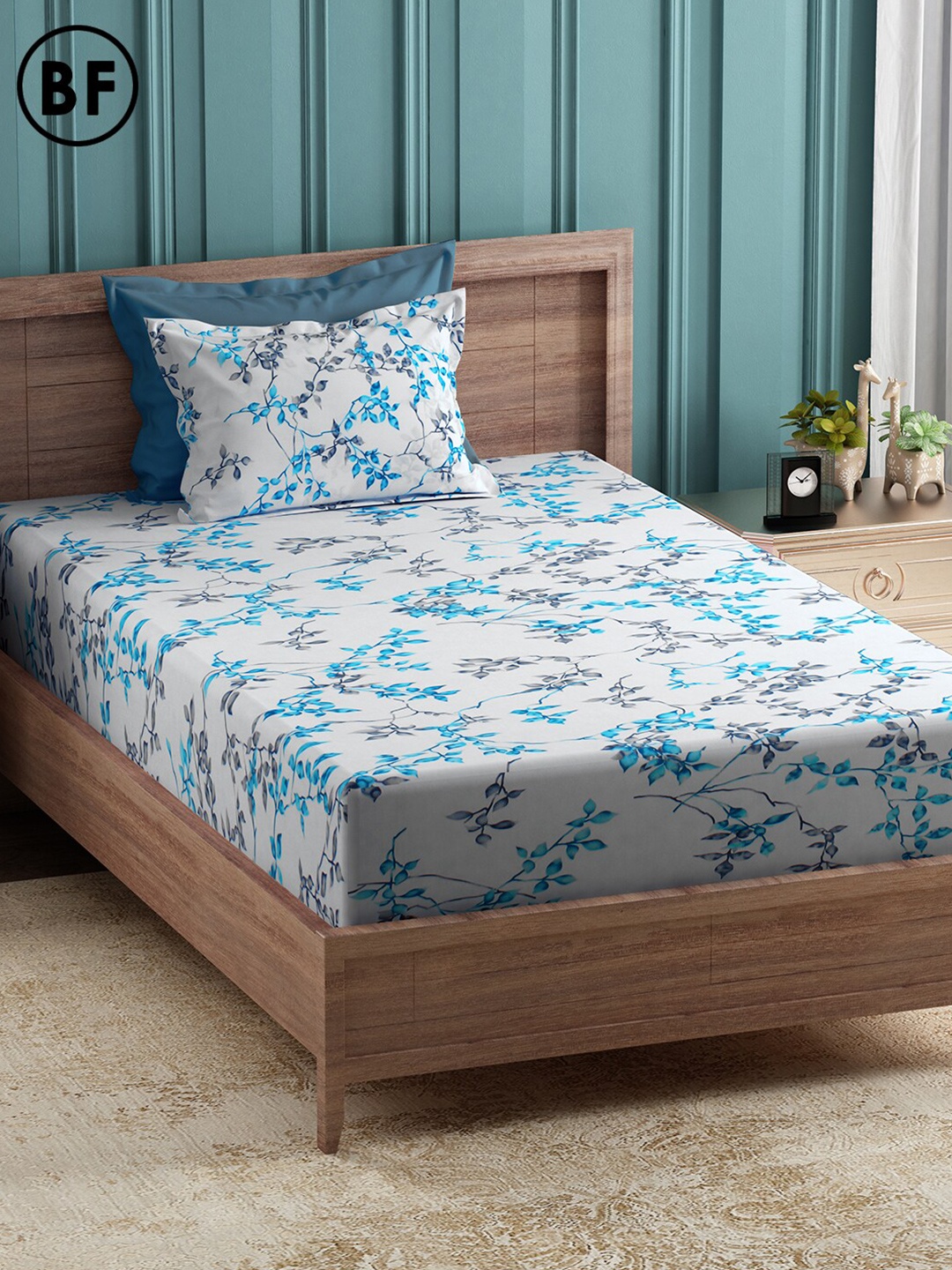 

Story@home Teal & Off White Floral 144 TC Cotton Single Bedsheet with 2 Pillow Covers
