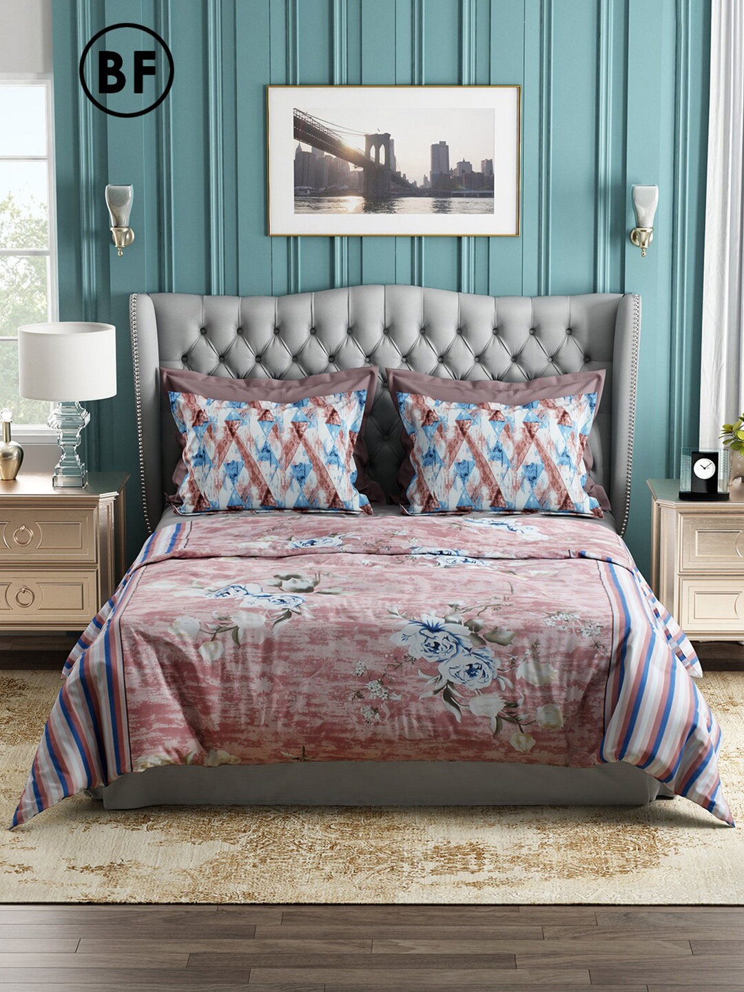 

Story@home Peach-Coloured & Blue Floral 144 TC Cotton Queen Bedsheet with 2 Pillow Covers