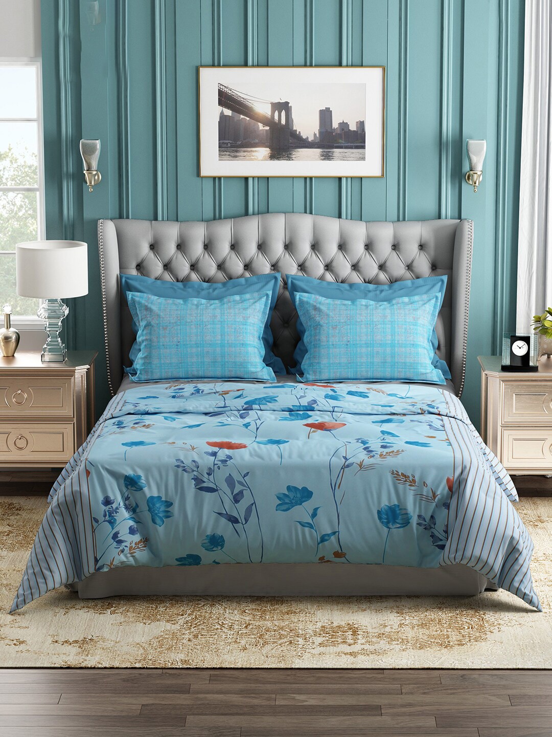 

Story@home Teal & Blue Floral 144 TC Cotton Queen Bedsheet with 2 Pillow Covers