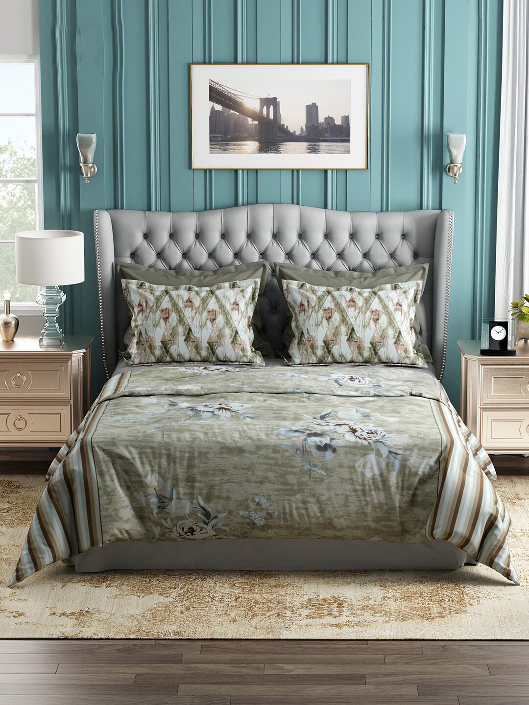 

Story@home Grey & Olive Green Floral 144 TC Cotton Queen Bedsheet with 2 Pillow Covers