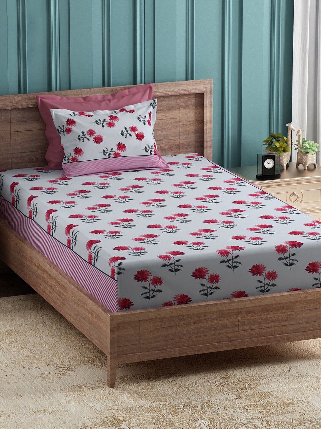 

Story@home White & Red Floral 144 TC Cotton 2 Single Bedsheet with 2 Pillow Covers