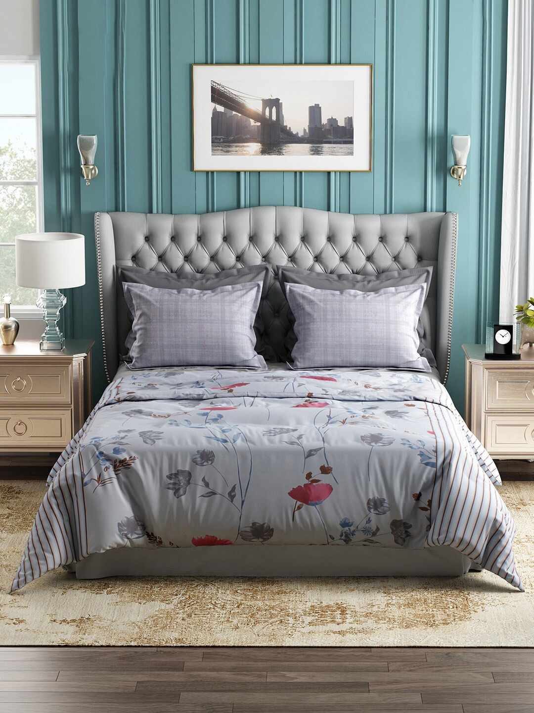 

Story@home Floral 144 TC Cotton Queen Bedsheet with 2 Pillow Covers, Grey