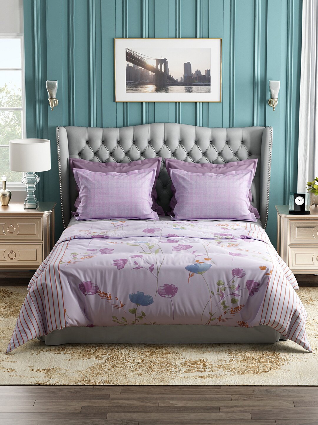 

Story@home Magenta & Blue Floral 144 TC Cotton Queen Bedsheet with 2 Pillow Covers